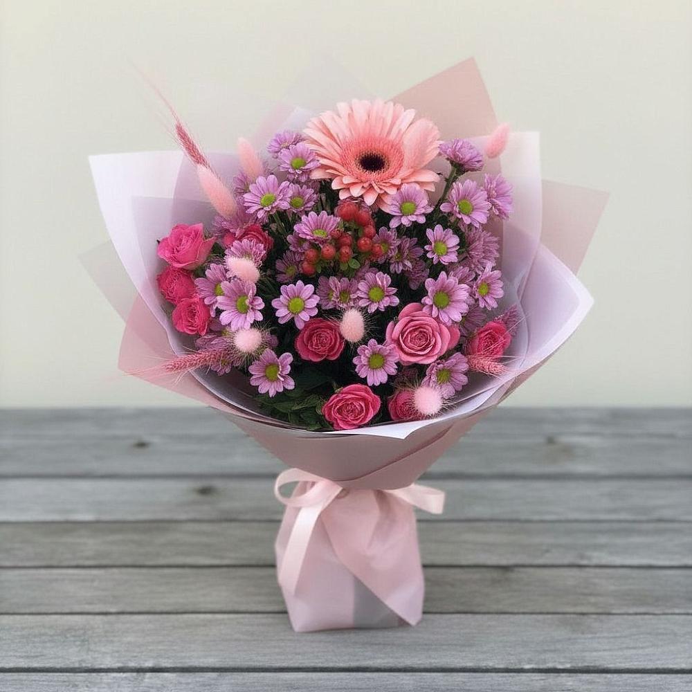 Букет цветов из: Розы, Герберы и Хризантемы в Павловский