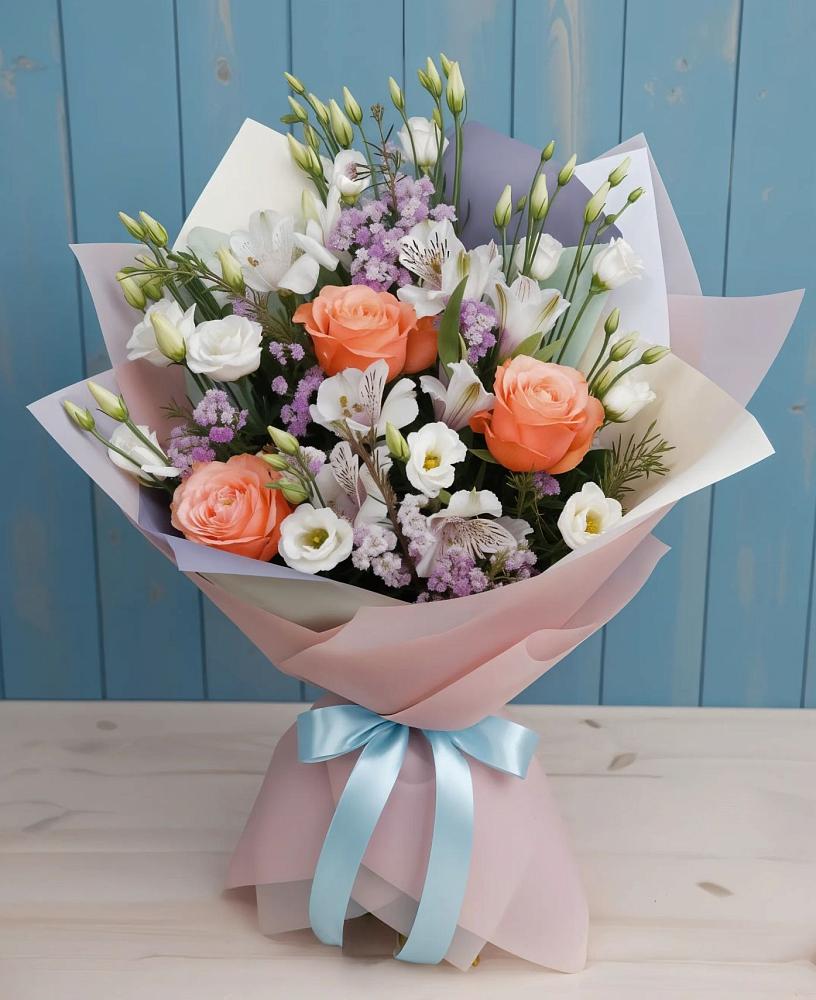 Букет цветов из: Лизиантусы, Розы, Альстромерии и Гипсофила в Павловский