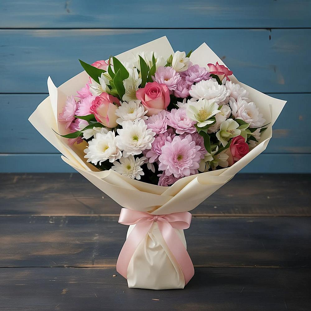 Букет цветов из: Хризантемы, Альстромерии и Розы в Павловский